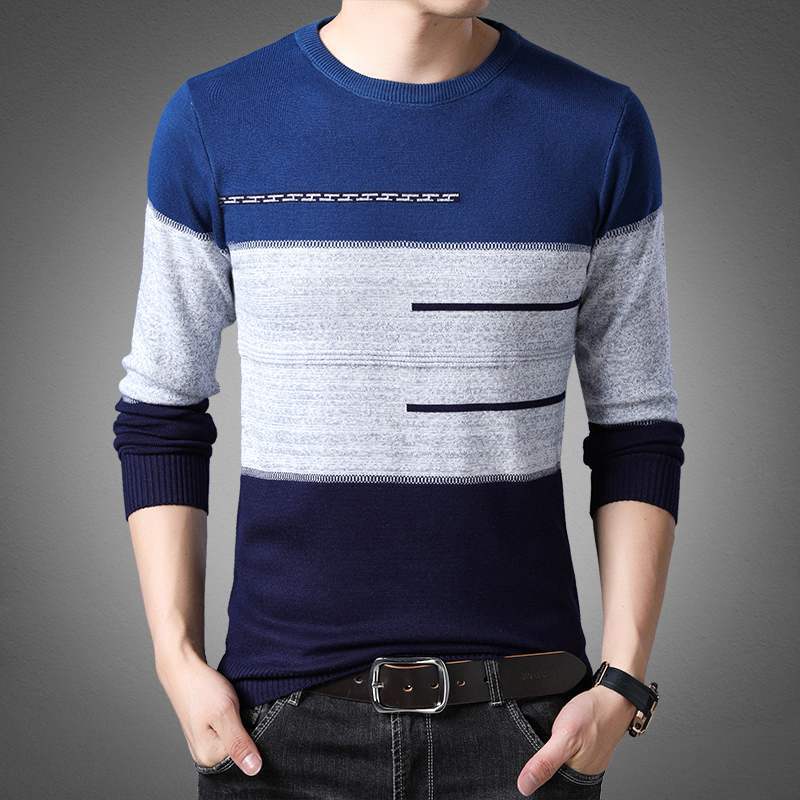 Men Round Collar Striped Cotton Sweaters