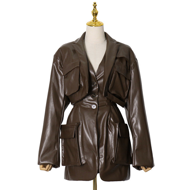 Brown Blazers For Women Notched Collar Long Sleeve