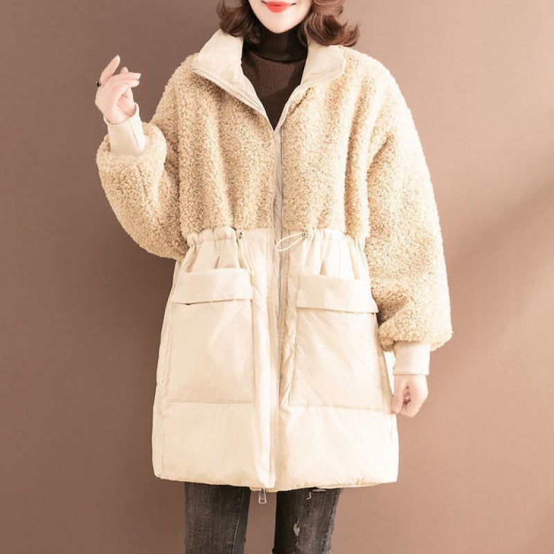 Fashion Stitching Lamb Wool Cotton Coat Loose