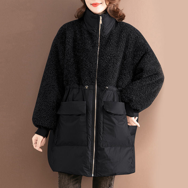 Fashion Stitching Lamb Wool Cotton Coat Loose