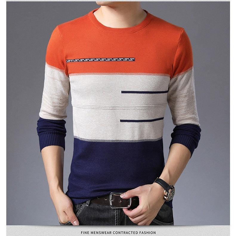 Men Round Collar Striped Cotton Sweaters