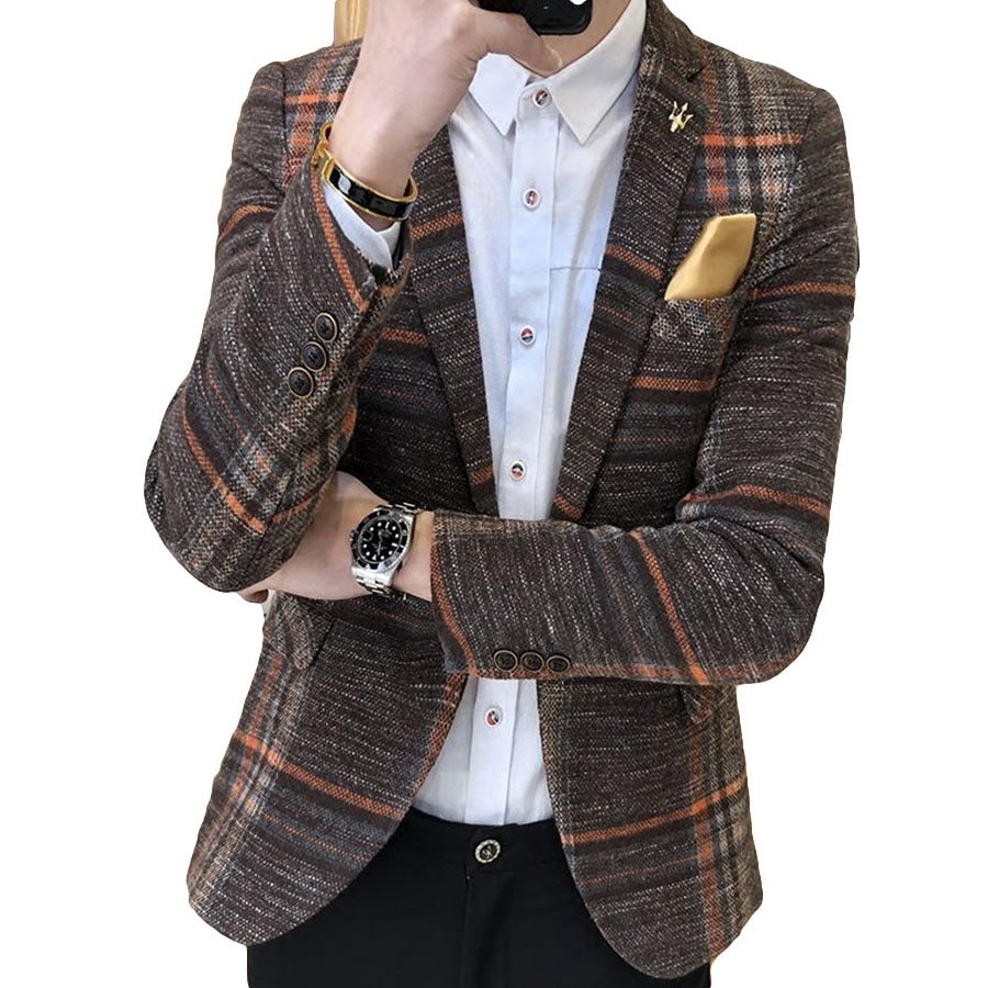 Men Slim Fit Designs Male Plaid Blazer