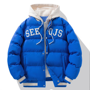 Fashion Letter Hooded Cotton Coat Winter Warm Solid Zipper Jacket For Men Teenagers Clothing