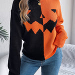 Halloween Contrast-color Pullover Sweater Fashion Long Sleeve Knitted Tops For Womens Clothing