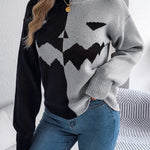 Halloween Contrast-color Pullover Sweater Fashion Long Sleeve Knitted Tops For Womens Clothing