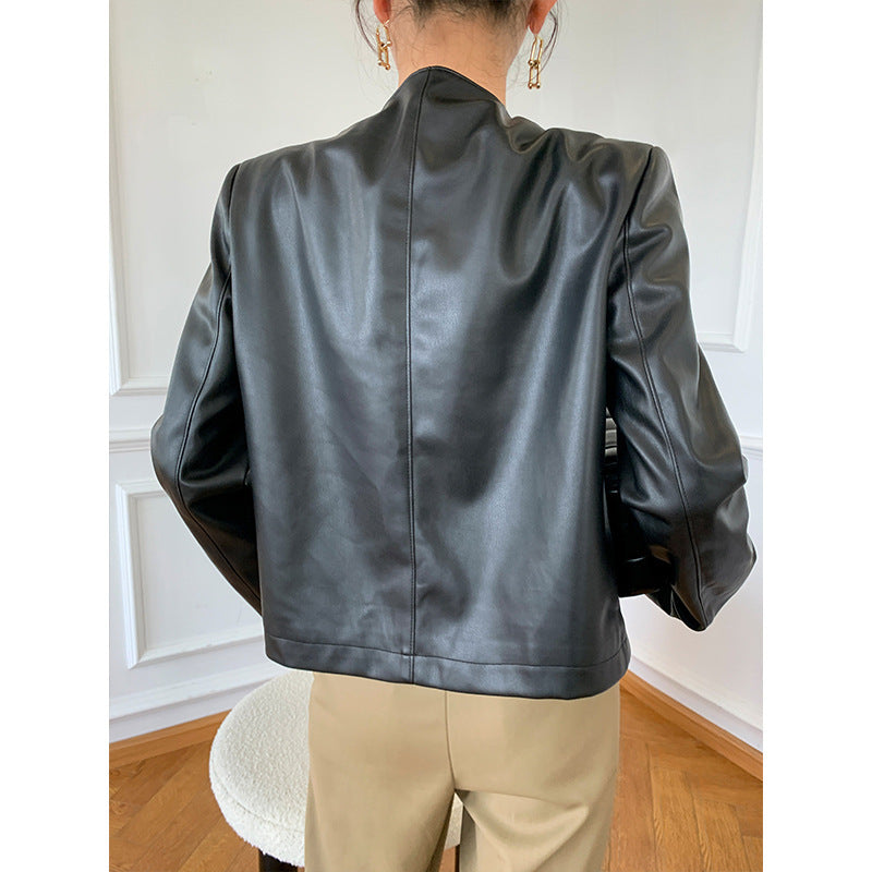 Black Round Neck Casual Faux Leather Jacket